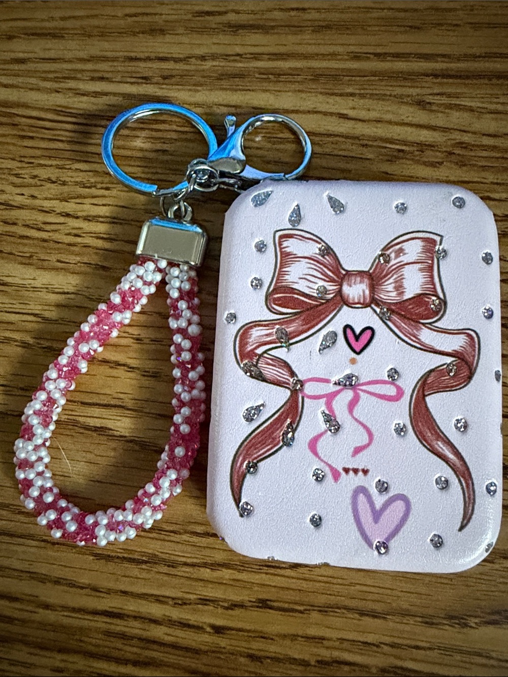 Pink Bow Compact Mirror Key Chain with Beaded Wrist Strap